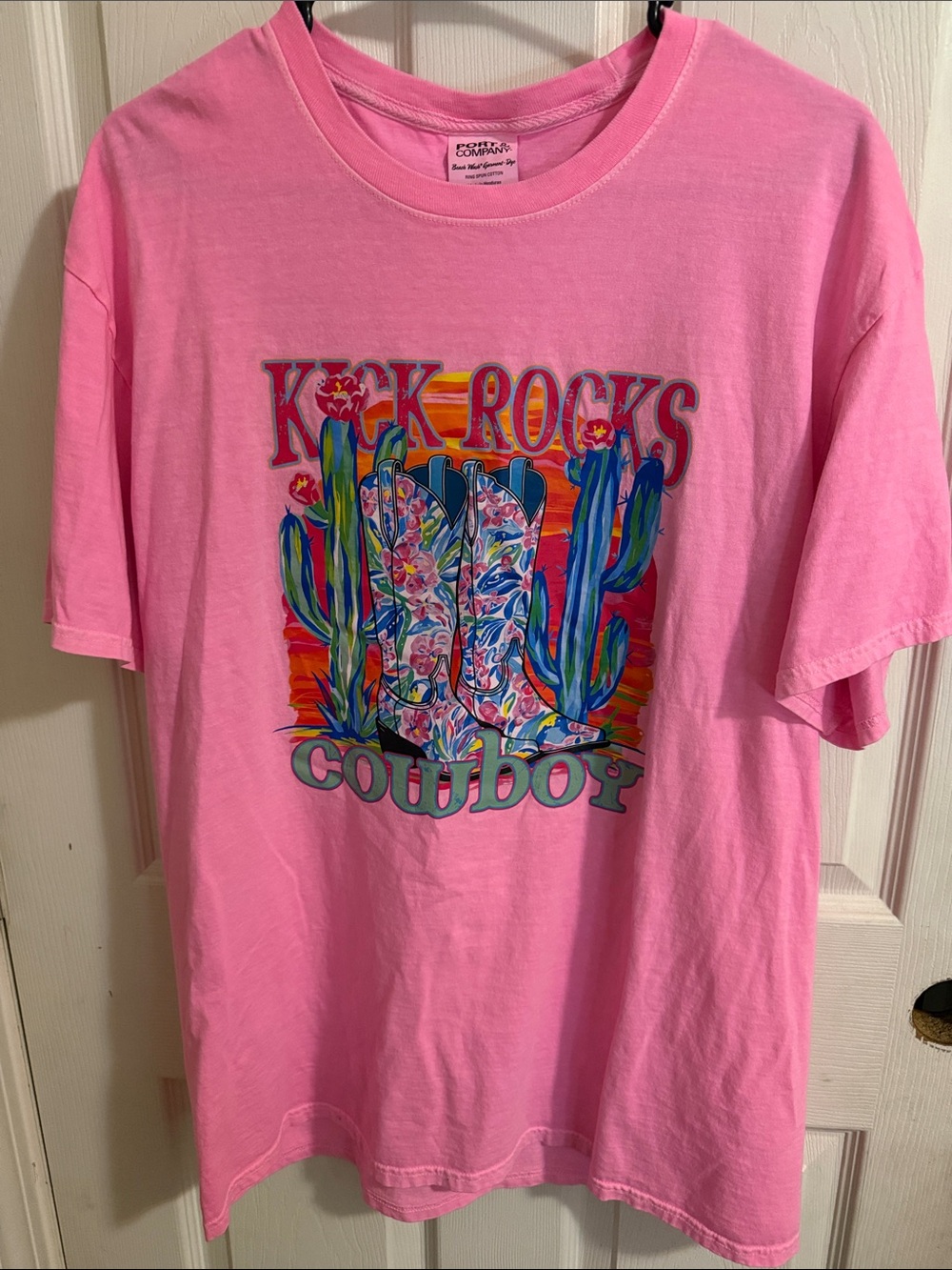 Port and Company Pink "Kick Rocks Cowboy" Graphic Tee